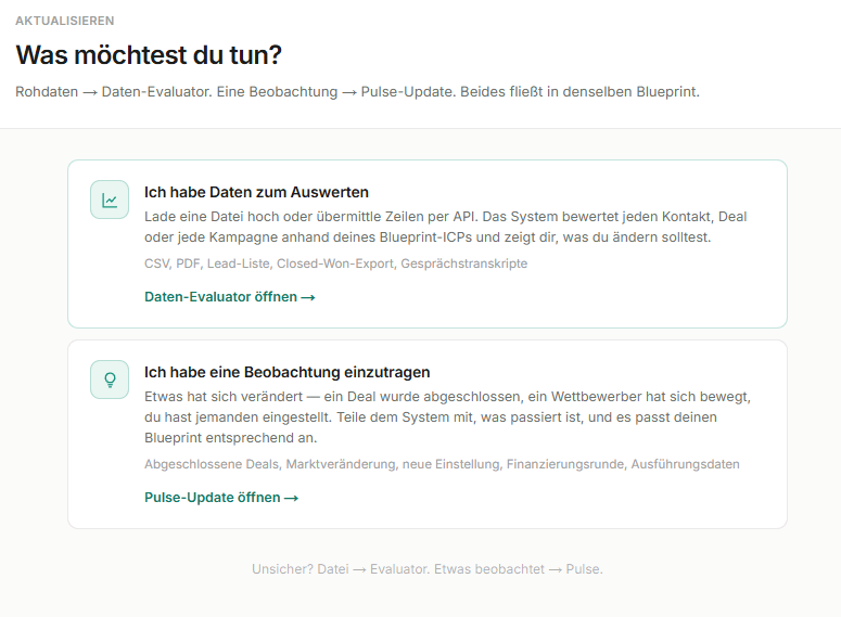Mint fragt: Was möchtest du tun? Daten auswerten lassen oder eine Beobachtung eintragen.